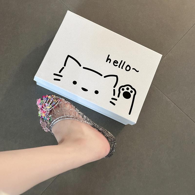 Fairy Wind Bag Head Cool Slippers Female 2025 Summer New Beaded Flat-bottomed Slippers Sweet Bow Water String Shoe Flower