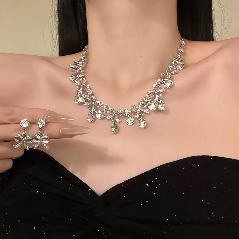 2 pieces Water Drop Rhinestone Jewelry Set Inlaid Crystal Necklace Set Necklace Earrings Set  Women