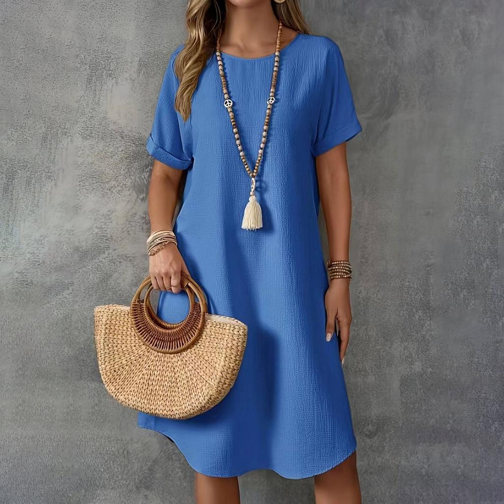 Women's Summer Casual Solid Color Round Neck Short Sleeve Mid-length Loose Dress