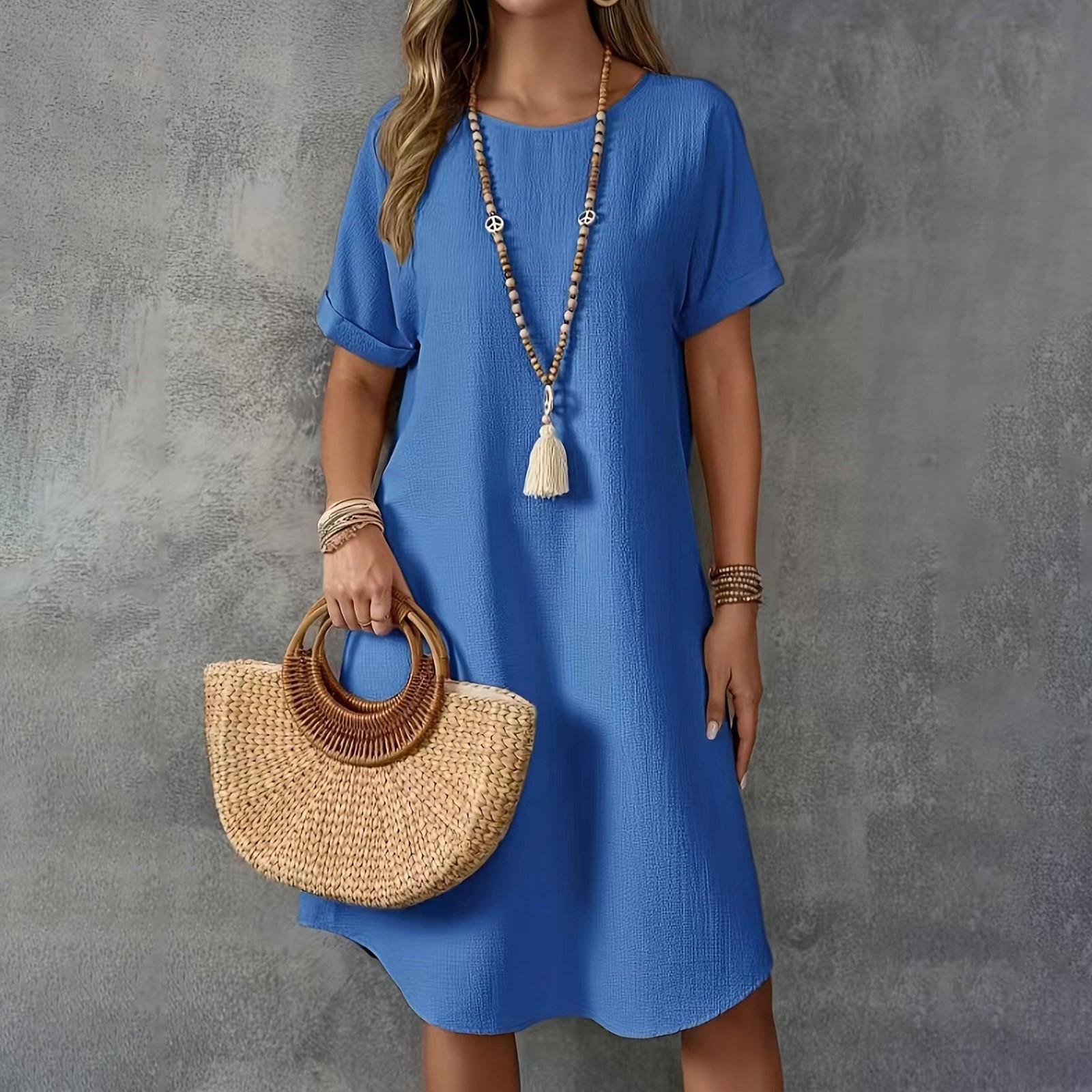 

Женское летнее повседневное однотонное платье с круглым вырезом и коротким рукавом средней длины свободного покроя S синий