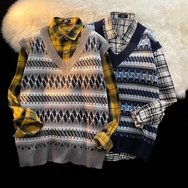 

Мужской свитер с v-образным вырезом, жилет, куртка в гонконгском стиле, свободный трендовый жилет, свитер Tide, брендовый студенческий жилет Ins, мужская куртка