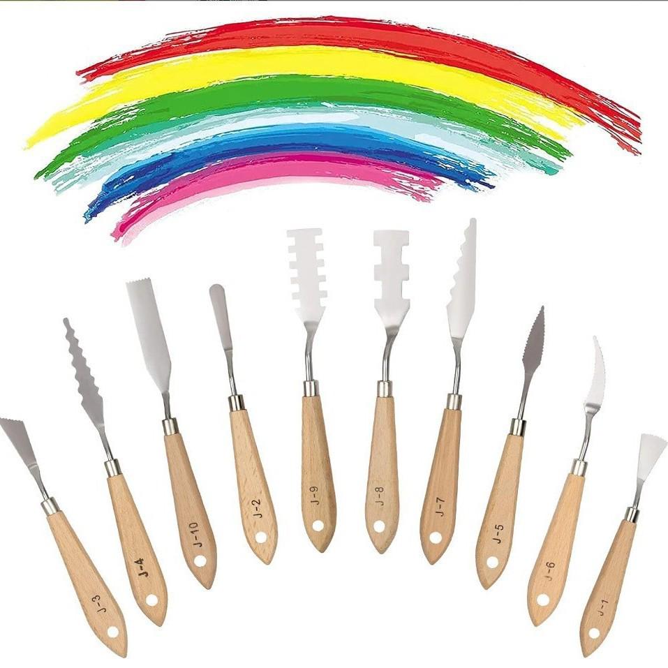 Stainless Steel Pigment Palette Knife Set for Oil Painting - Flat & Pointed Heads, Wooden Handles