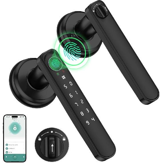 Fingerprint Door Lock, Smart Door knob, Biometric Door Lock, Bedroom Door knob with Code and App, Keypad Keyless Entry with Handle for Home Hotel