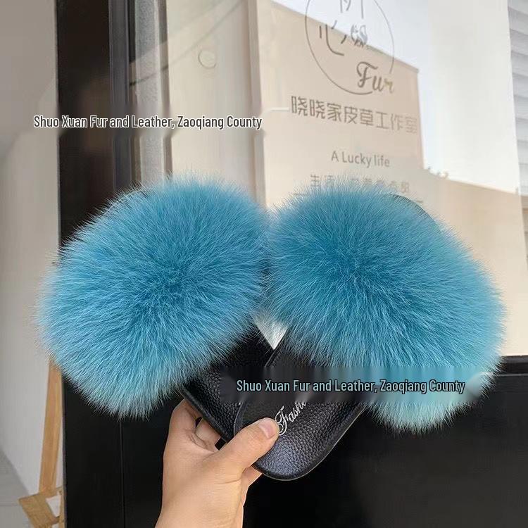 Women's Summer Fox Fur Slippers: Celebrity Trend, Flat Fur Sandals, Soft-Soled Flip Flops, Euro-American Style.