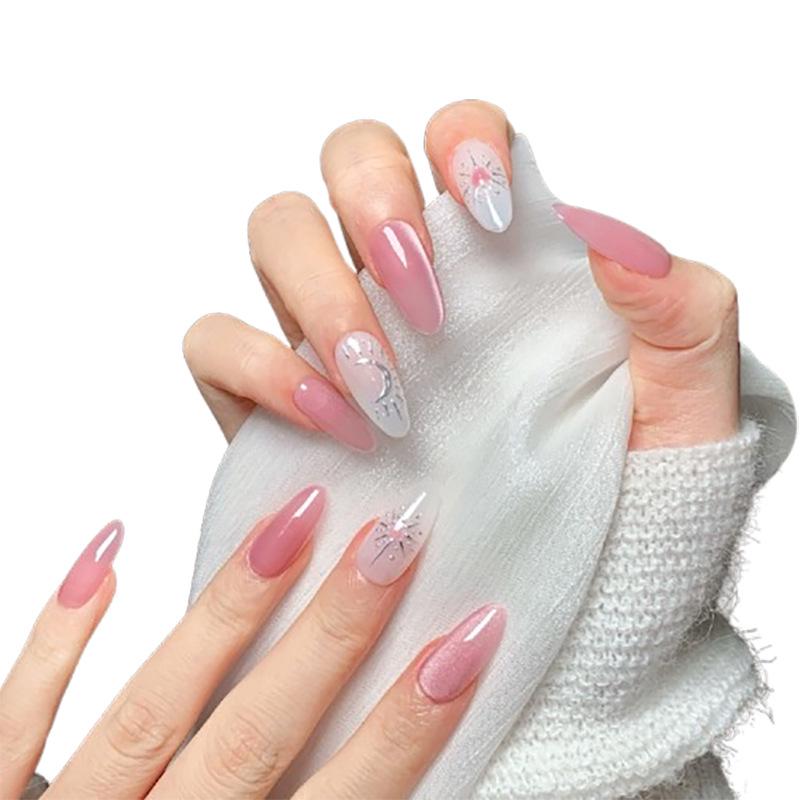 Hand-Painted Cat Eye Medium-Long Oval Nails: High-Quality, Ice Transparent Boutique Style.
