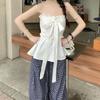 Sweet Wind White Bow Strap Tube Top Women's Summer French Ruffle Edge Chic Waist Slim Top