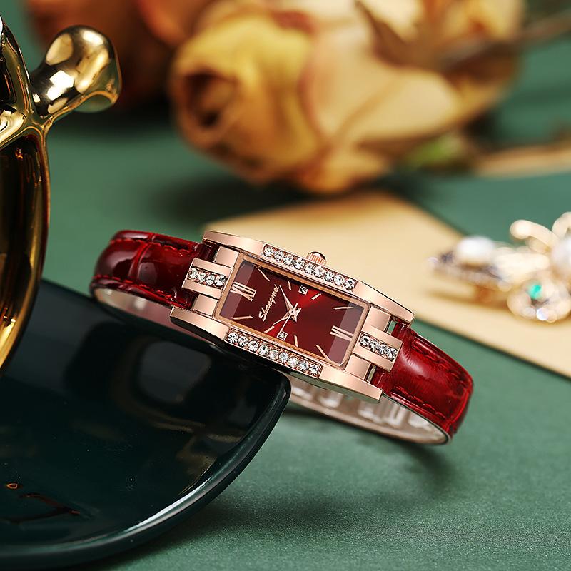 2PCS/Set Women's Watches Fashion Rectangle Leather Band Quartz Watch