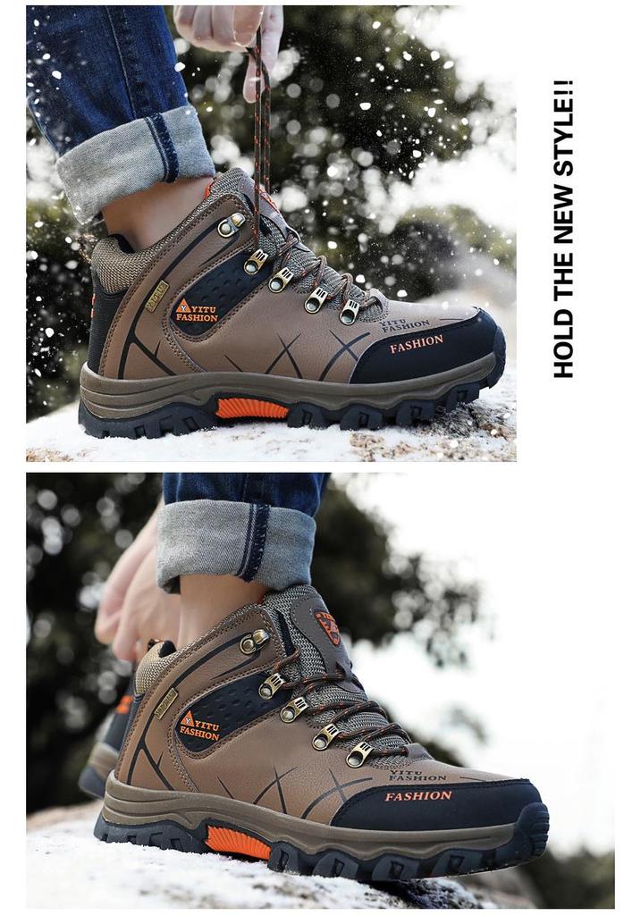 Men's High-Top Waterproof Leather Hiking Boots, Warm, Velvet-Lined, Thick-Sole, Large Size, Autumn/Winter Outdoor Off-Road Footwear.