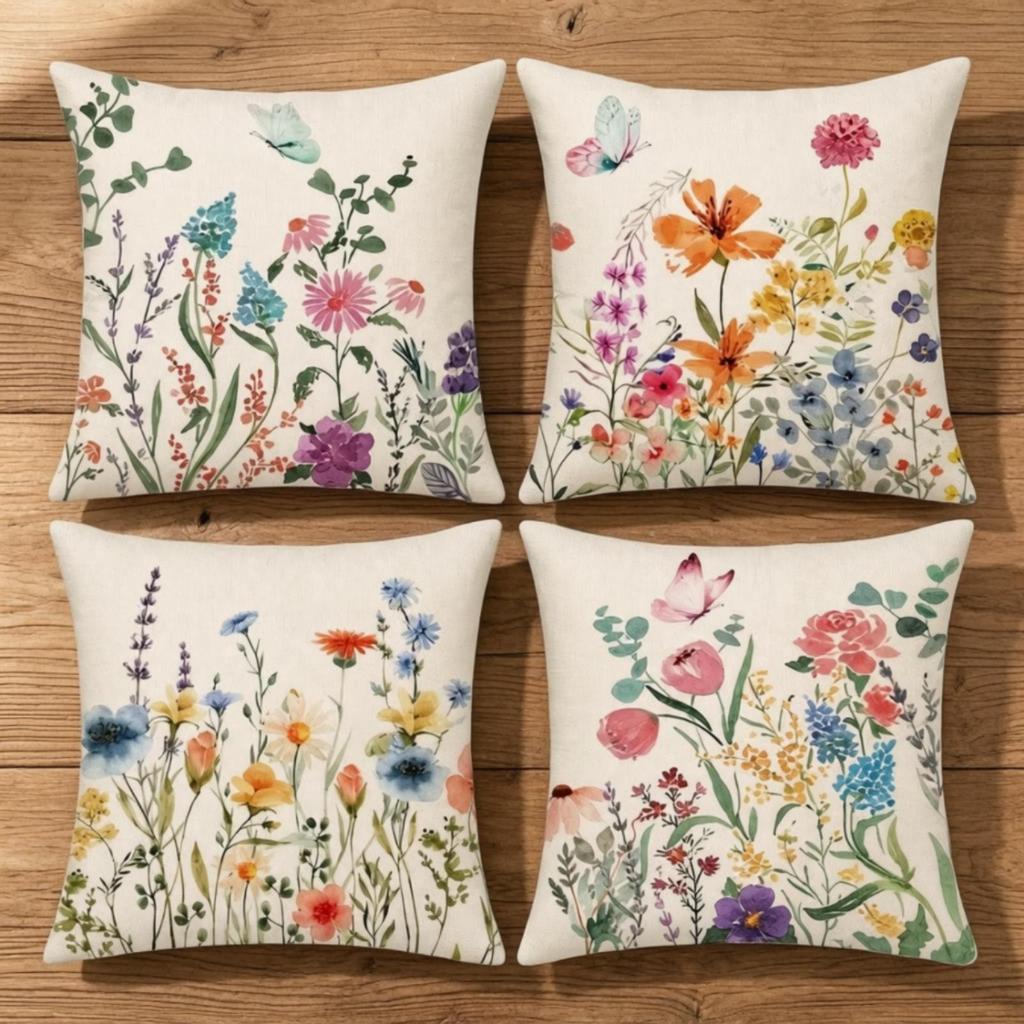 4 Pieces Pillow Slip Soft Floral Linen Cushion Cover for Sofa, Reading Corner