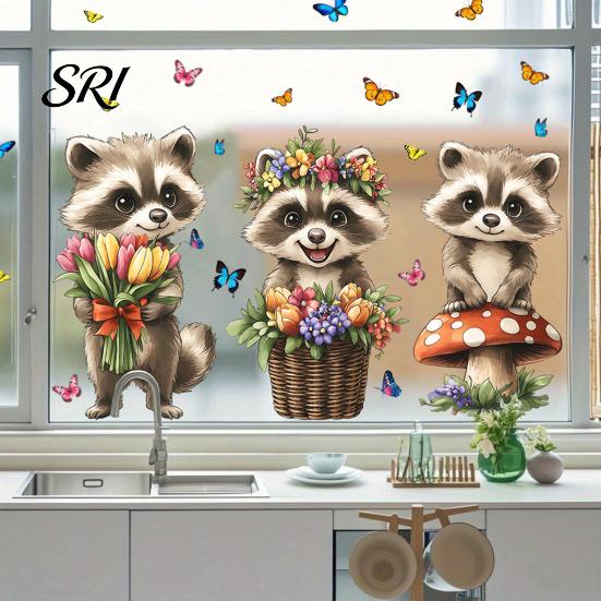 Renters Window Sticker Spring Fox Clings Cartoon Flowers Butterflies Glass Non-glue Decoration Removable Cute Animal Decals for Home Office Shop Decor