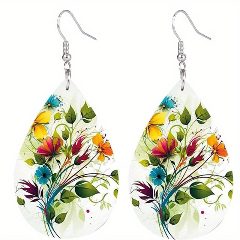 Colorful Flowers Branches Leaf Patterns PU Leather Earrings for Women Elegant Charming Earrings Jewelry Matching for Festivals, Banquets