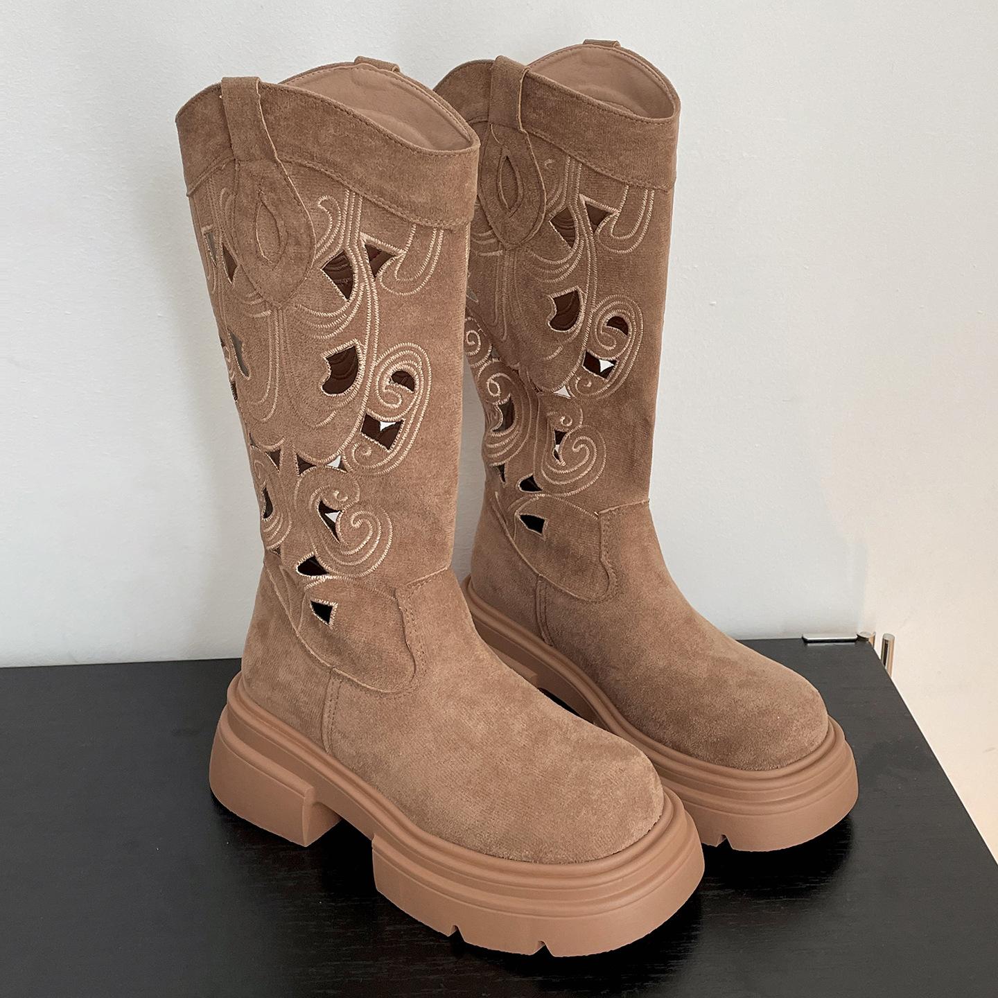 

Queen Fan Vintage Maillard Style Brown Thick Heel Platform Boots 2025 New Women s Summer with Skirt Boots 40 коричневый