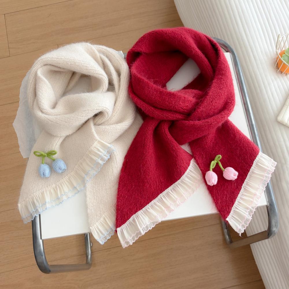 New Knitted Scarf Cherry Embroidery Fungus Edge Soft Waxy Warm Scarf Sweet Versatile Neck Cover