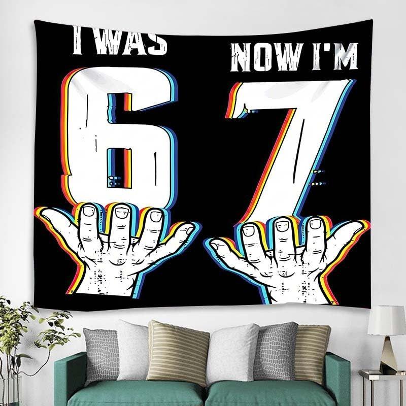 I Was 6 Now I'm 7 Hands Graphic Tapestry Retro Rainbow Number Birthday Wall Hanging Kids Room Party Decor