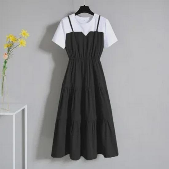 2022 Summer Korean Faux Two-Piece A-Line Suspender Dress for Plus Size