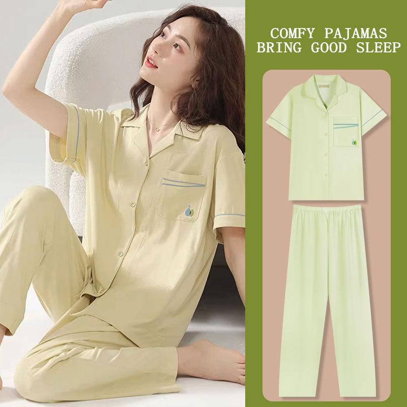 Pajamas Women'S Japanese Solid Color Cotton Short-Sleeved Trousers Casual And Comfortable Summer Cardigan Loungewear Women