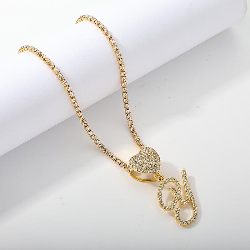 26 Flower Letter Necklace: Hip Hop Heart Pendant with Full Diamond Inlaid Tennis Chain for Women