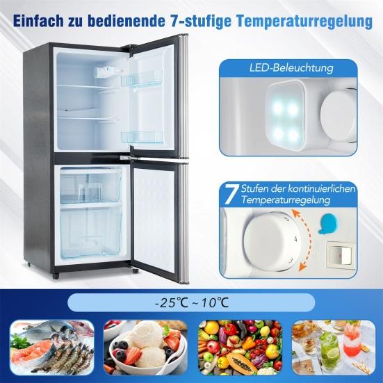 106L Energy-Saving Mini Fridge, 60L Fridge and 46L Freezing Machine, 7 Temperature Settings, Silver Color Door, Black Body, Led Lighting, Adjustable