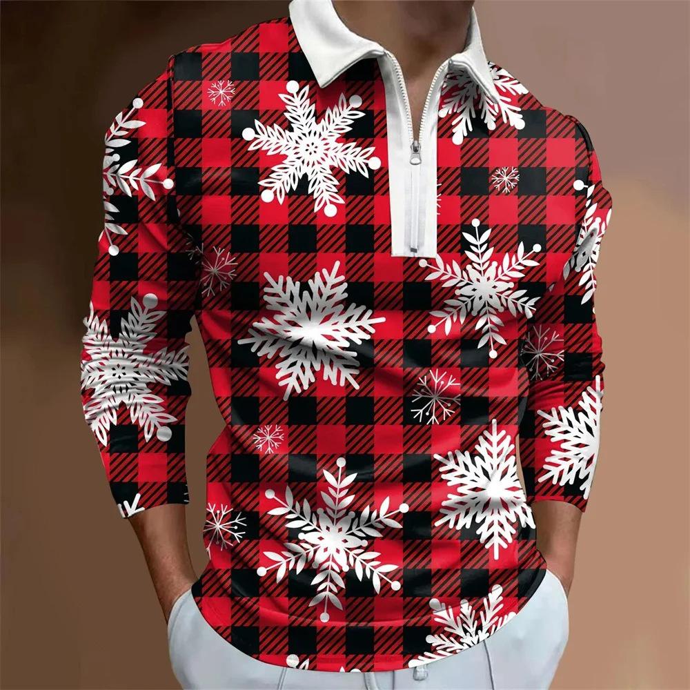 Father Christmas cartoon pattern digital 3D printing polo shirt large size loose men's zip lapel shirt