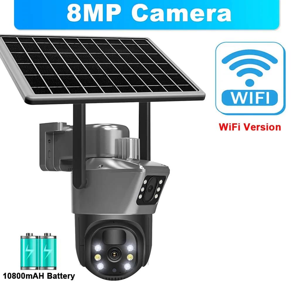 Nová 4K 8MP WiFi solární baterie Kamera Dual Lens Duální obrazovka Venkovní bezpečnostní ochrana PTZ Cam PIR detekce člověka CCTV dohled