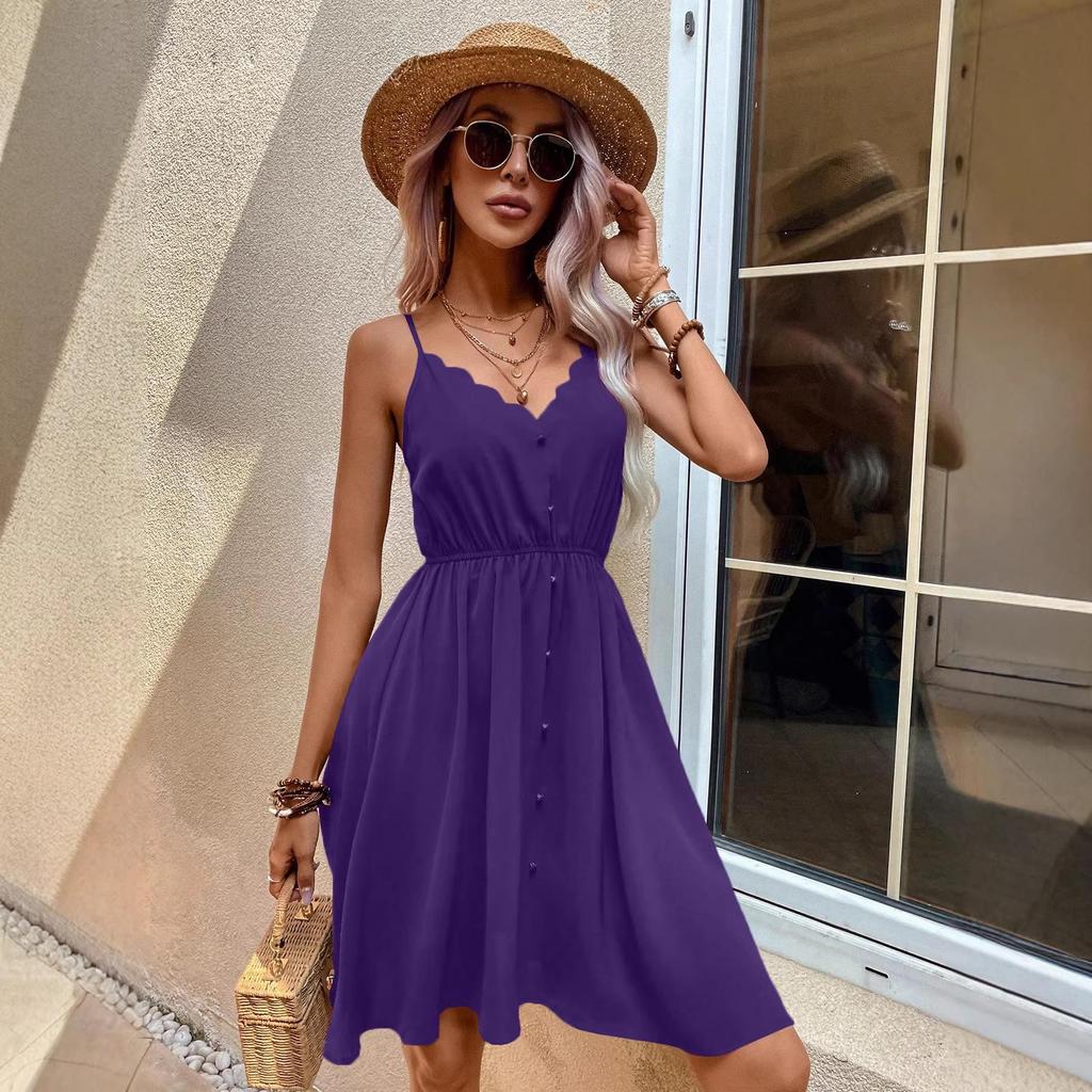 2026 V-neck Faux Button Spaghetti Strap Dress - Women's European & American Style with Lace Detailing, Comfortable & Casual
