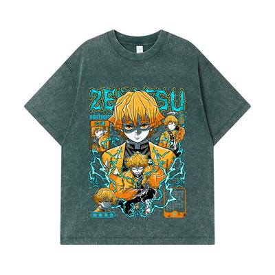 275 GSM Gewaschene T-Shirts 100% Baumwolle Demon Slayer V100 Zenitsu Print Unisex Schweres Baumwoll-T-Shirt