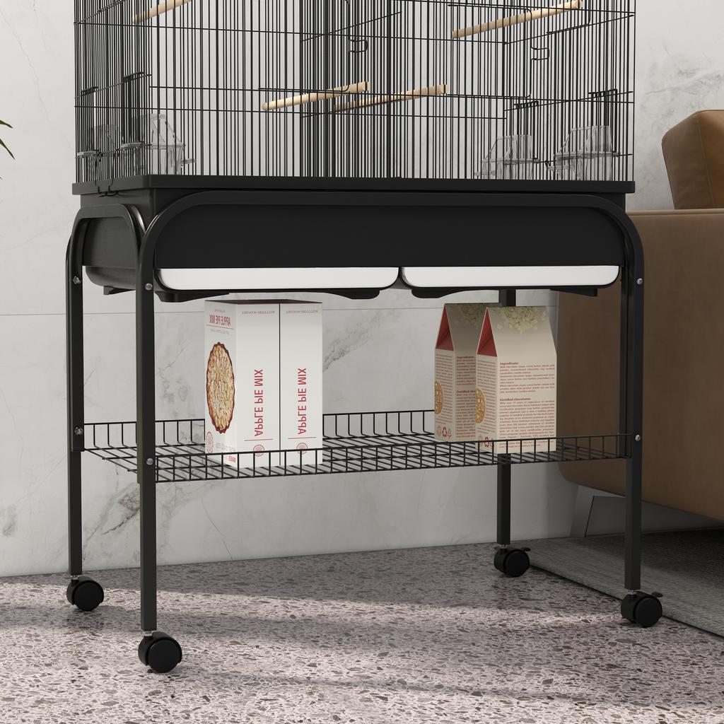 Indoor Bird Cage with Tray, Shelf and Wheels with Brakes, 85x49x119 Cm, Black
