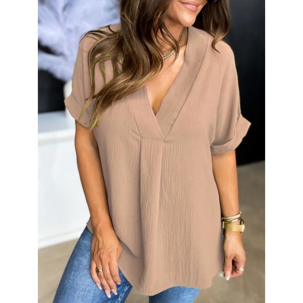 Women V Neck Short Sleeve Blouse Relaxed Fit Lightweight Summer Top Casual Loose Fit Shirt for Daily Wear Office and Travel