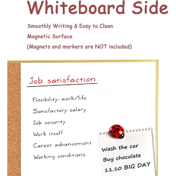 Okydoky Cork Board White Board Combo, Small Size 10.6" x 14.6" Magnetic Dry Erase Board/Bulletin Combination Board, Gold Aluminum Frame, for Home,