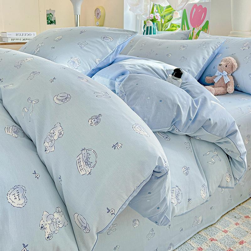 Thickened Pure Cotton Four-piece Set Small Fresh Cotton Skin-friendly Naked Sleeping Sheets Quilt Cover Bedding