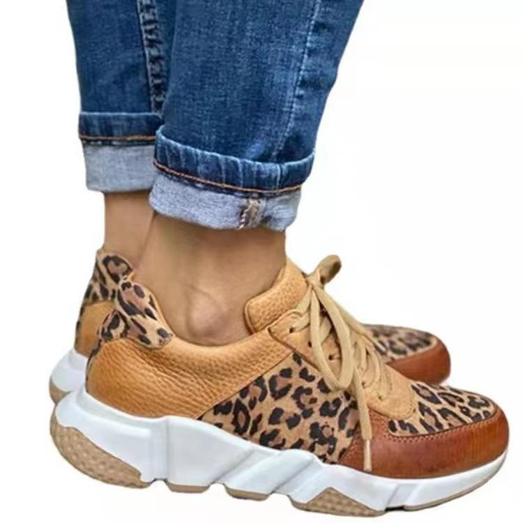 221 Thick-soled Round Head Low-top Leopard Print Single Shoes Large Size Lace-up Sneakers Flat Heel