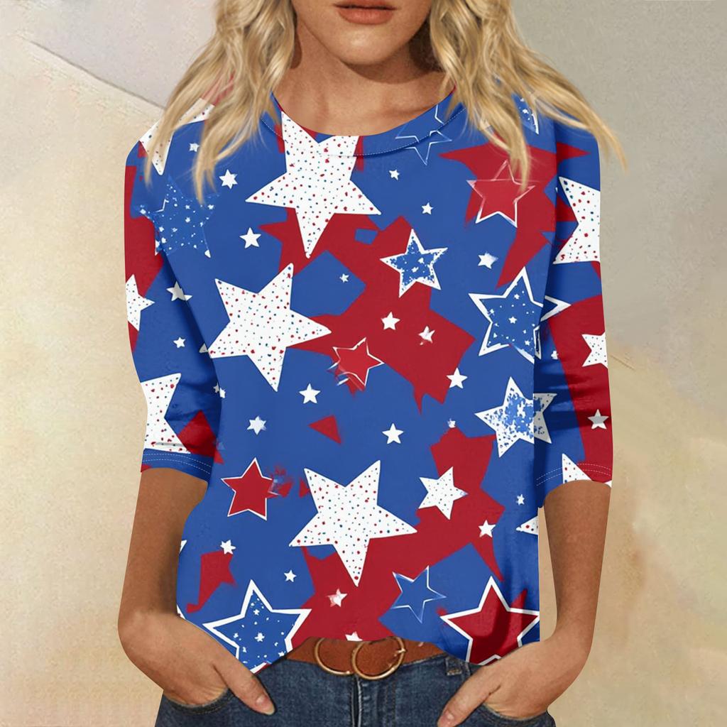 Women's Fashion Casual Seven-Sleeve Independence Day Print Round Neck Top