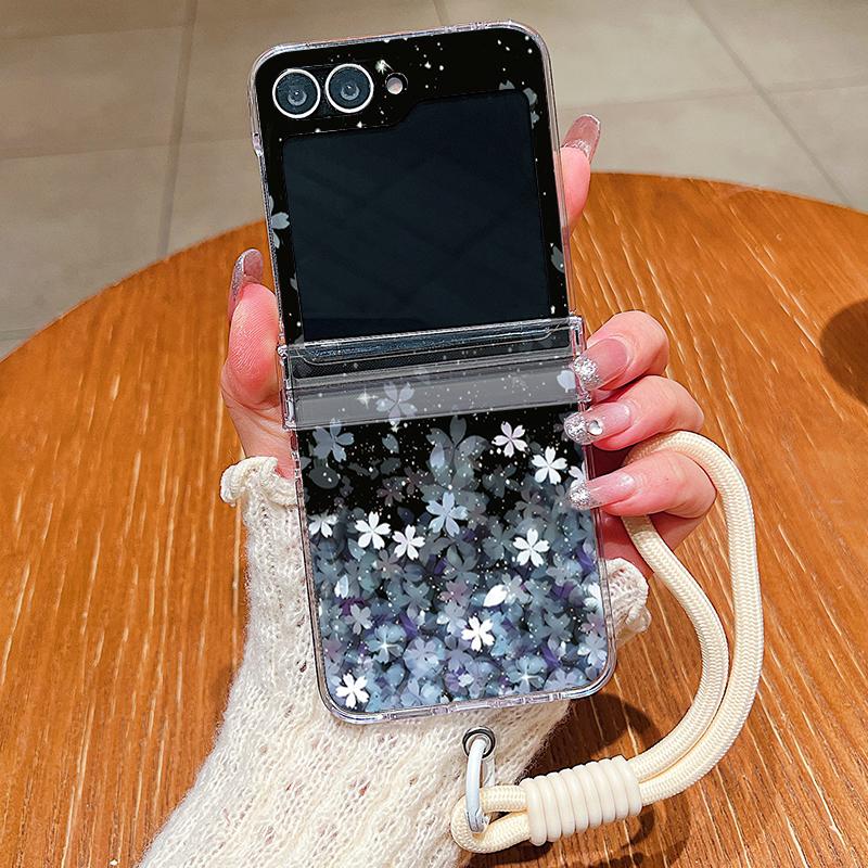 Cherry Blossom Lanyard Phone Case For Samsung Galaxy Z Flip 7 FE 6 5 4 3 5G Folding Hard Clear Cover For Samsung Z Flip7 Flip6