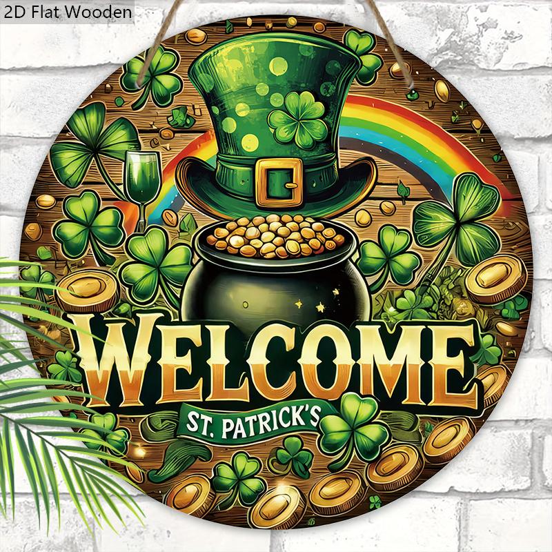St. Patrick's Day Pot of Gold Welcome Wooden Sign, Round Front Door Decor, Lucky Clover & Rainbow Wall Hanging - Ideal for St. Paddy's Day