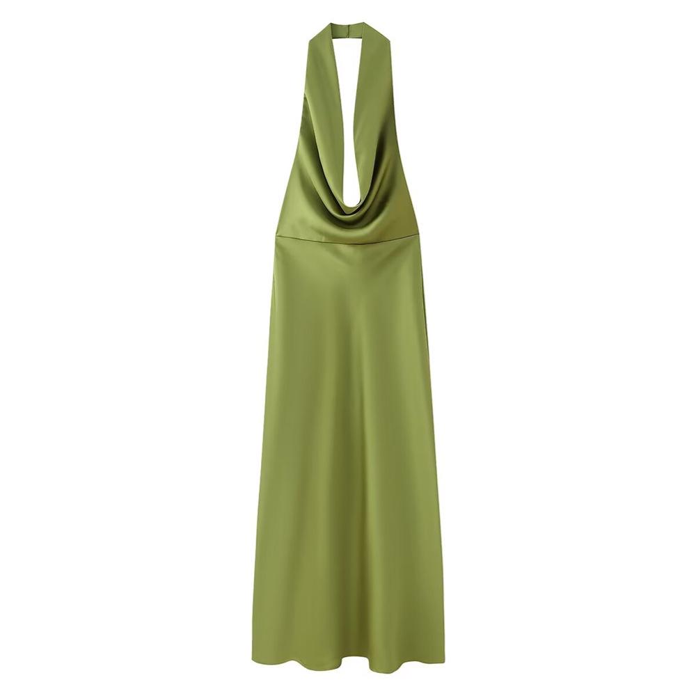 2025 Spring/Summer Women's Backless Halter Cowl Neck Silk Satin Midi Dress