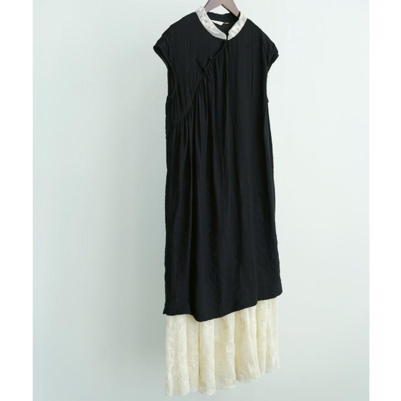 Johnature Women Vintage Jacquard Dresses Stand Sleeveless Button Summer Patchwork Lace Chinese Style Soft A-Line Dress