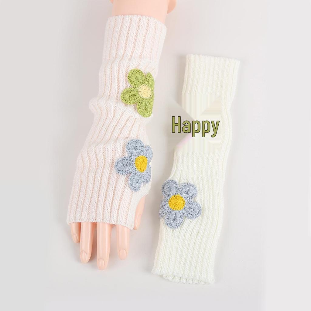 2024 College Style Ruched Fingerless Flower Gloves for Women – Autumn Winter Knitted Wool Warm Arm Sleeves