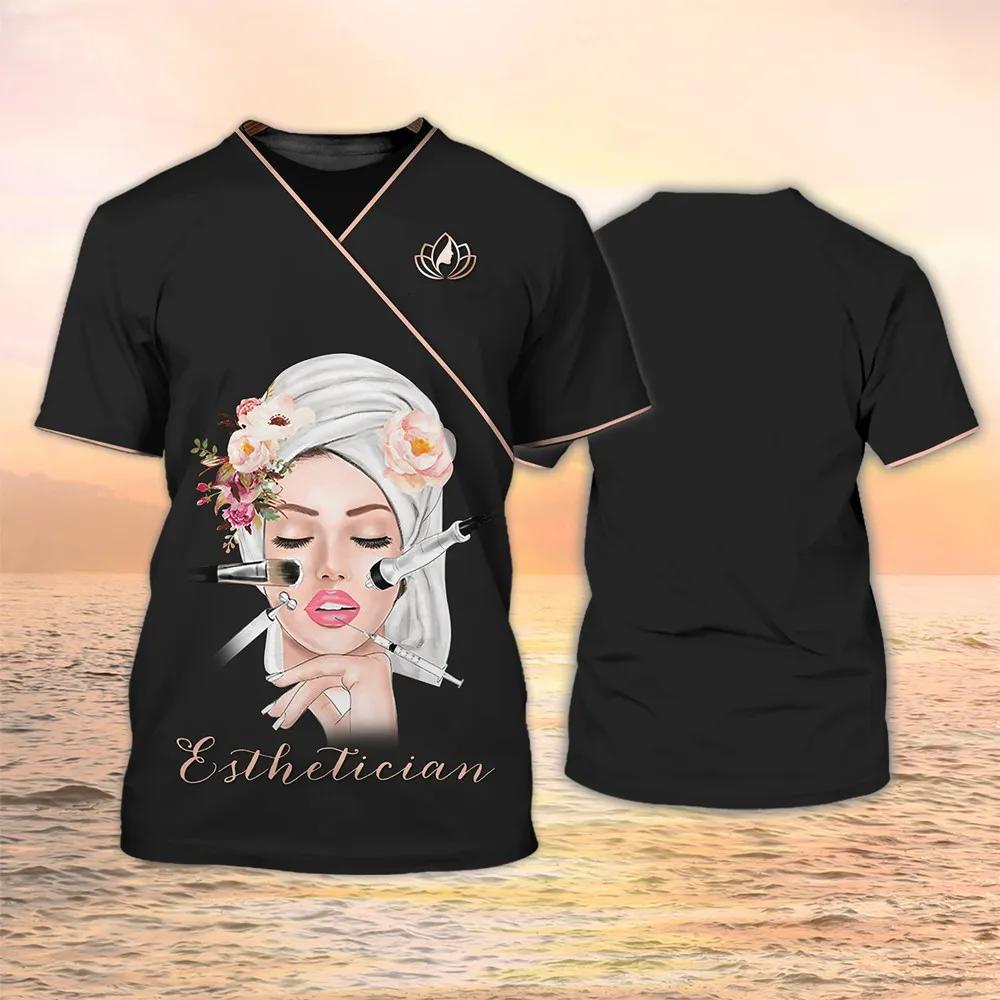 2024 New Women's Short Sleeve Beautician T-shirt Custom 3D Printed Casual Hairdresser Uniform Makeup Artist Short Sleeve