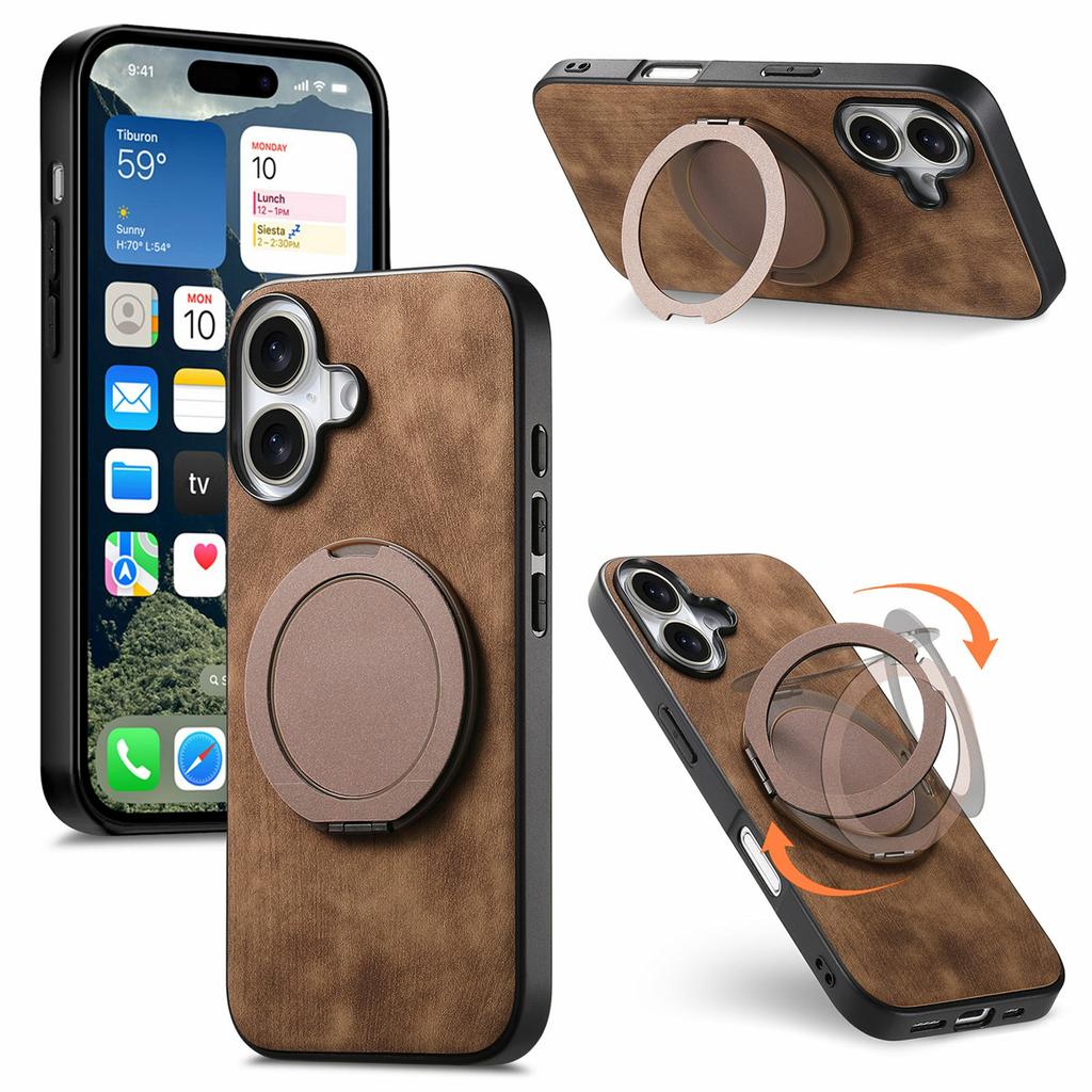 For iPhone 17 Phone Case with Rotating Kickstand Stress Relief Retro Leather Back Cover
