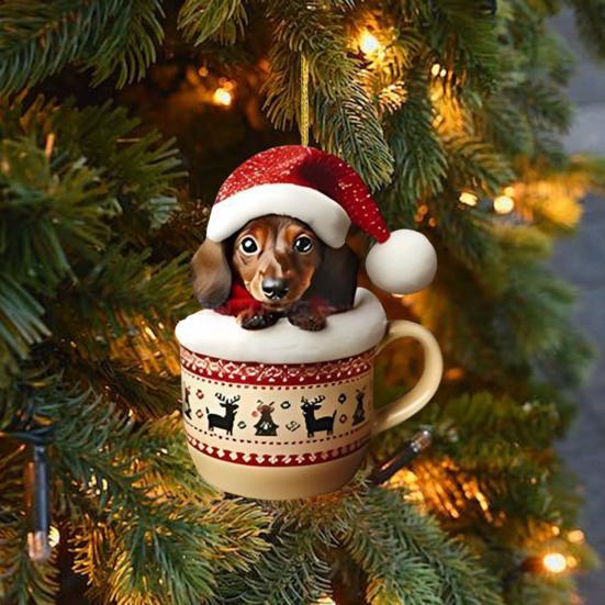 Dachshund Christmas Ornament Puppy In Mug Christmas Tree Ornament 2D Acrylic Dachshund Hanging Decor Gifts for Dog Lovers