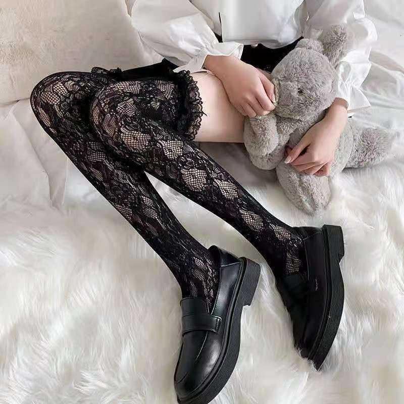 Women White Stockings Black Stockings Calf Socks Lace Lolita Socks Thin Version Over The Knee Socks Hollow Out Stockings