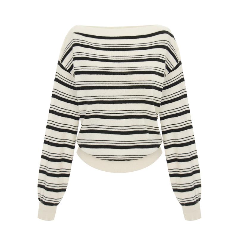 TVIEW Boat Neck Shoulder Button Striped Wool Knit_V6A-Ckn002