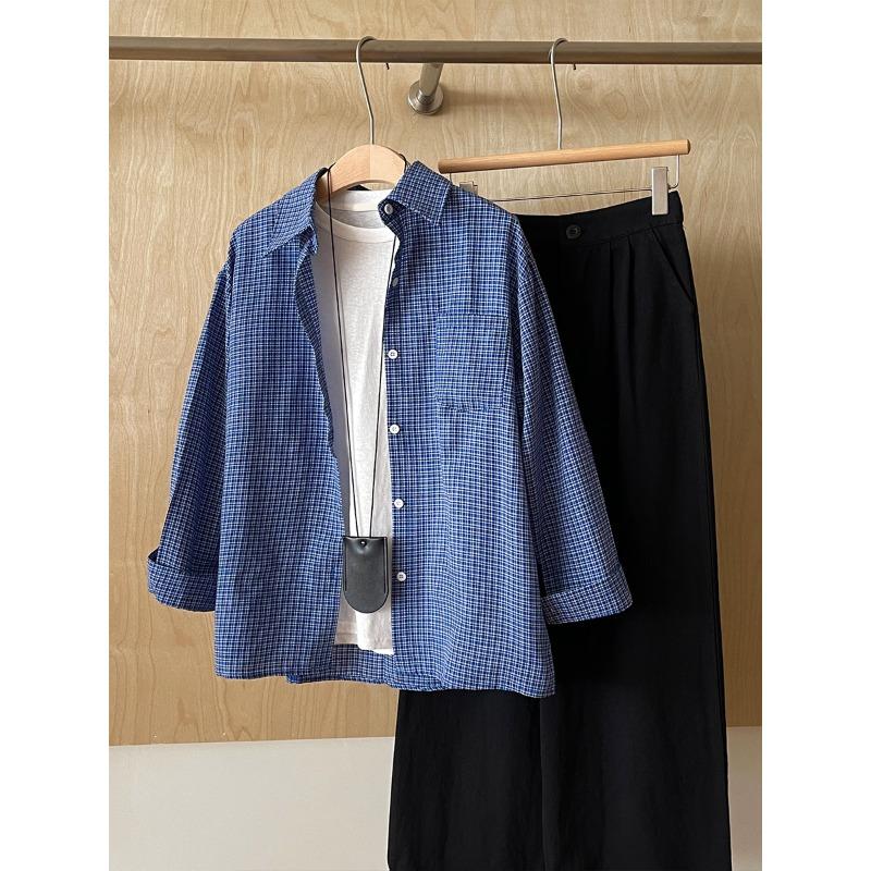 New American Retro Long-sleeved Blue Plaid Shirt Lazy Loose and Thin Versatile Autumn Shirt Top Coat
