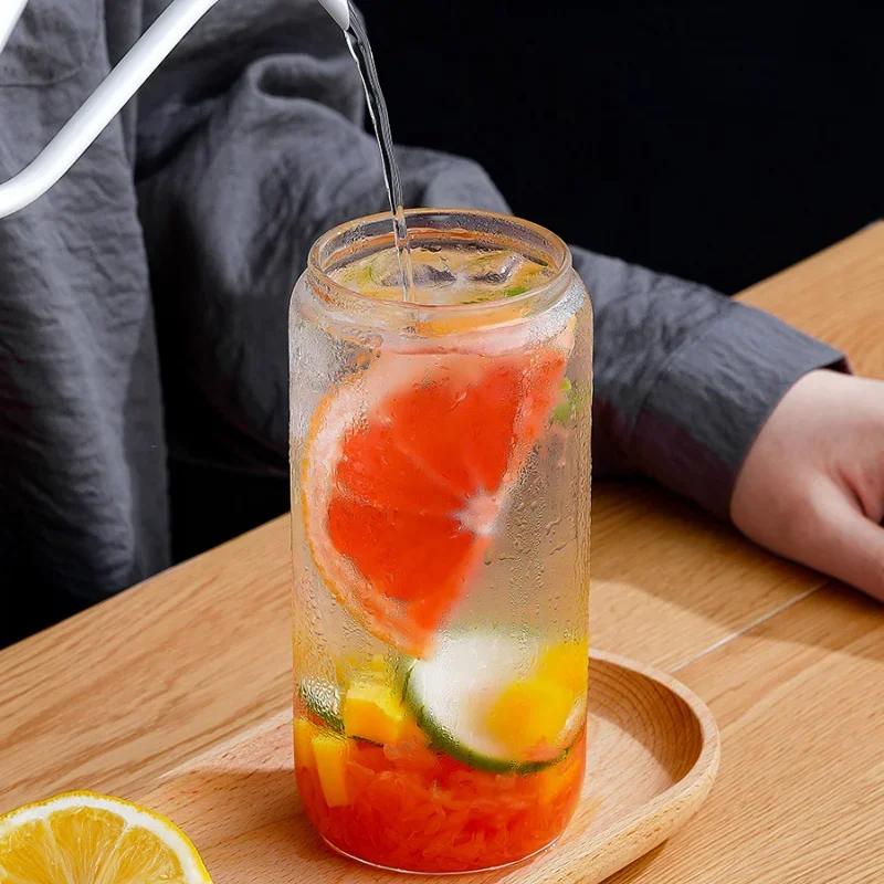 Drinking Cup Glasses with Bamboo Lid Juice Glass Straws Beer MugIce Coffee Mugs Cute Glasses Beer Jars Glasses Brush Drinkware