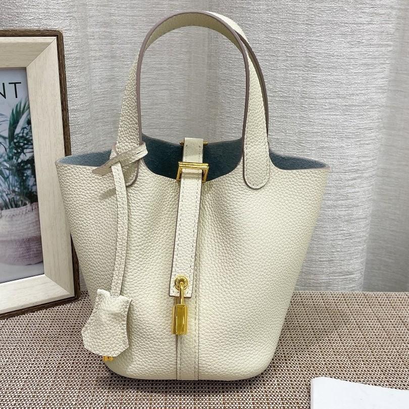 Large Capacity First-Layer Cowhide Vegetable Basket Bag, High-End Light Luxury Versatile Handbag