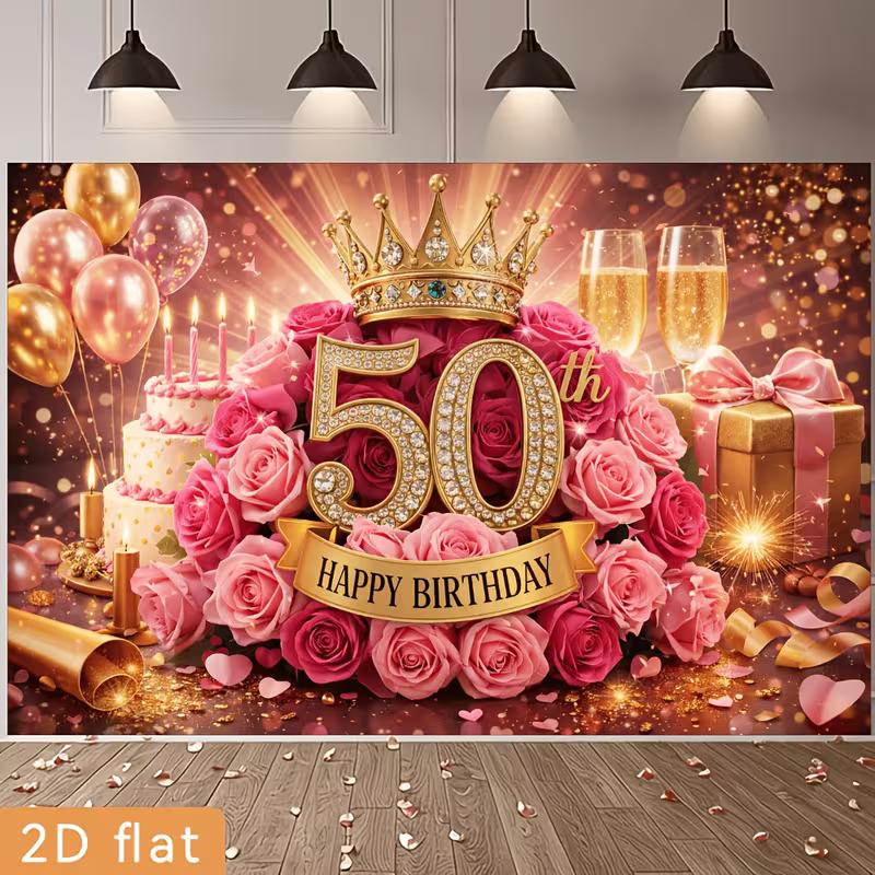 2D 40th Birthday Party Backdrop Rose Gold Balloons and Confetti Photo Background