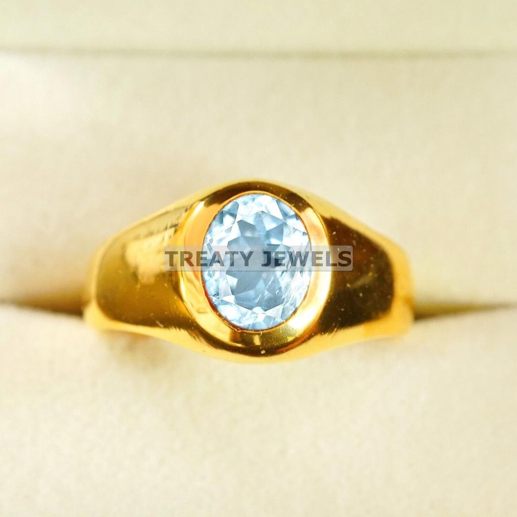 Aquamarine Oval Cut With 925 Sterling Silver Gold Plated Ring For Men's #A753 JL375659095749
