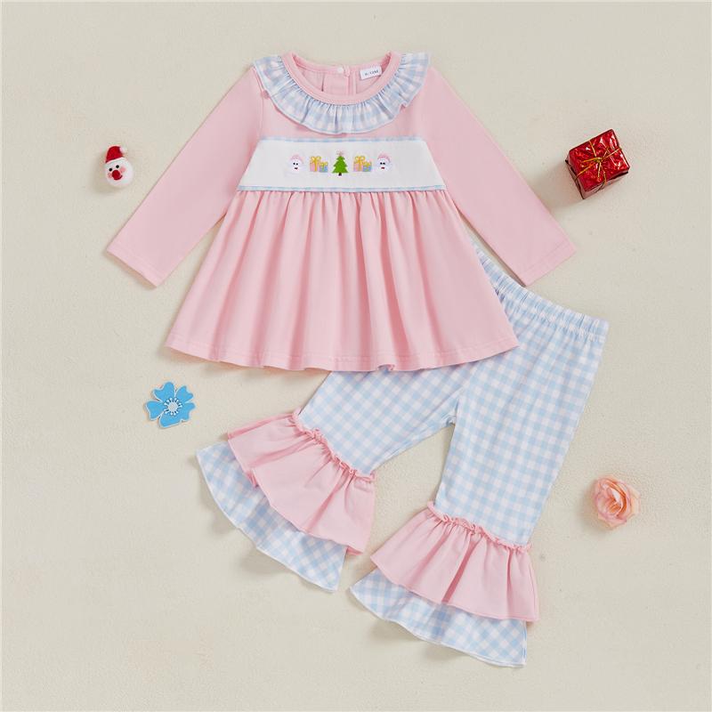 Baby Mädchen Schlaghosen-Set Nikolaus Weihnachtsbaum Stickerei Langarm Rüschenoberteile Karierte Hosen 2-teilige Outfits