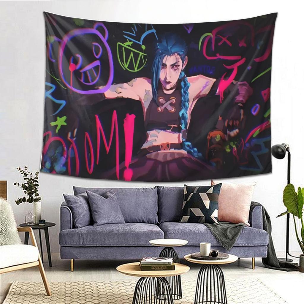 Vivid anime character tapestry  celebrating fantasy art with colorful graffiti and bold design  perfect for home decoration