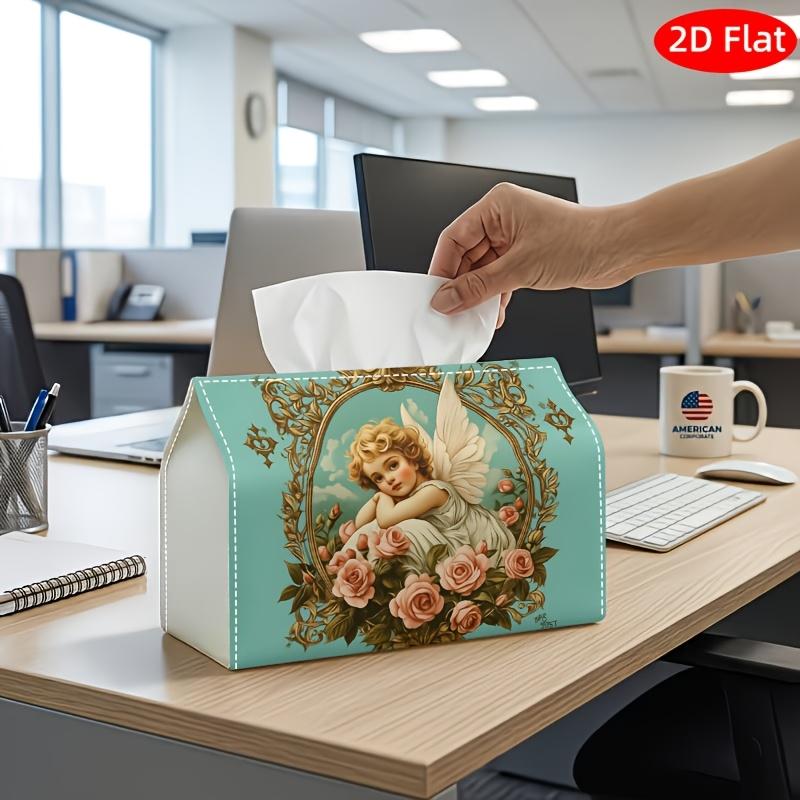 2D Flat, 1pc Tissue Box, Printed on Both Sides, Tissue Box with Checkered Lid Cherub Angel Surrounded by Roses Design, Durable Fabric Multi Functional